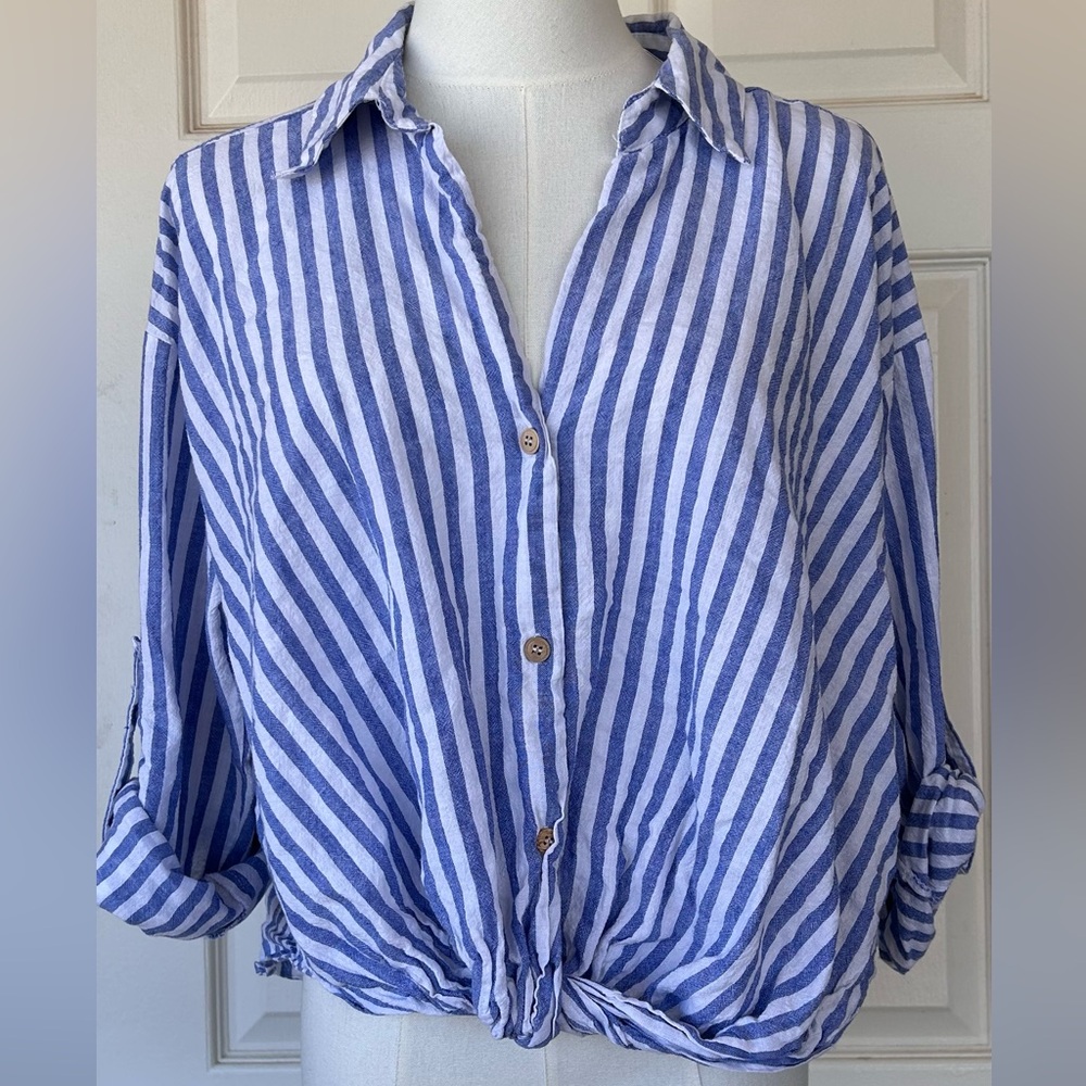Zara Brand Women’s Blouse Twist Wrap Front‎ Stripes Size Medium